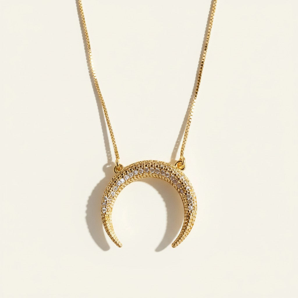 crescent horn necklace, pavé crescent pendant, gold crescent moon necklace, box chain crescent necklace, celestial pendant necklace, crystal horn pendant, dainty moon jewelry