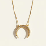 crescent horn necklace, pavé crescent pendant, gold crescent moon necklace, box chain crescent necklace, celestial pendant necklace, crystal horn pendant, dainty moon jewelry