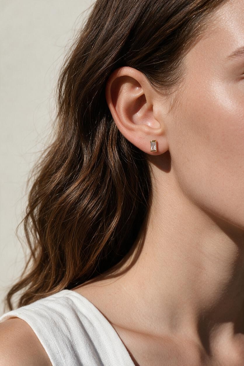 baguette stud earrings, gold baguette earrings, rectangle stud earrings, cubic zirconia baguette studs, minimalist stud earrings, dainty gold studs, bezel set stud earrings, everyday stud earrings, small sparkle earrings, earring stack studs, bridesmaid gift, gift for her