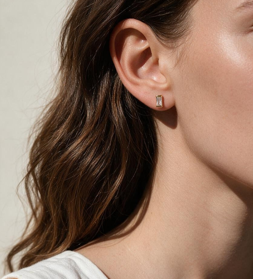 baguette stud earrings, gold baguette earrings, rectangle stud earrings, cubic zirconia baguette studs, minimalist stud earrings, dainty gold studs, bezel set stud earrings, everyday stud earrings, small sparkle earrings, earring stack studs, bridesmaid gift, gift for her