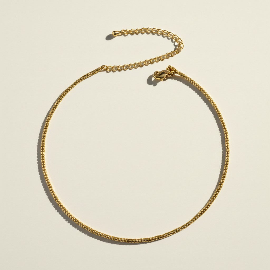 gold beaded box chain choker, beaded chain necklace flat lay, adjustable gold choker with extender, lobster clasp beaded choker, gold choker chain detail, layering necklace with extender chain, dainty box chain choker, gold beaded necklace close-up