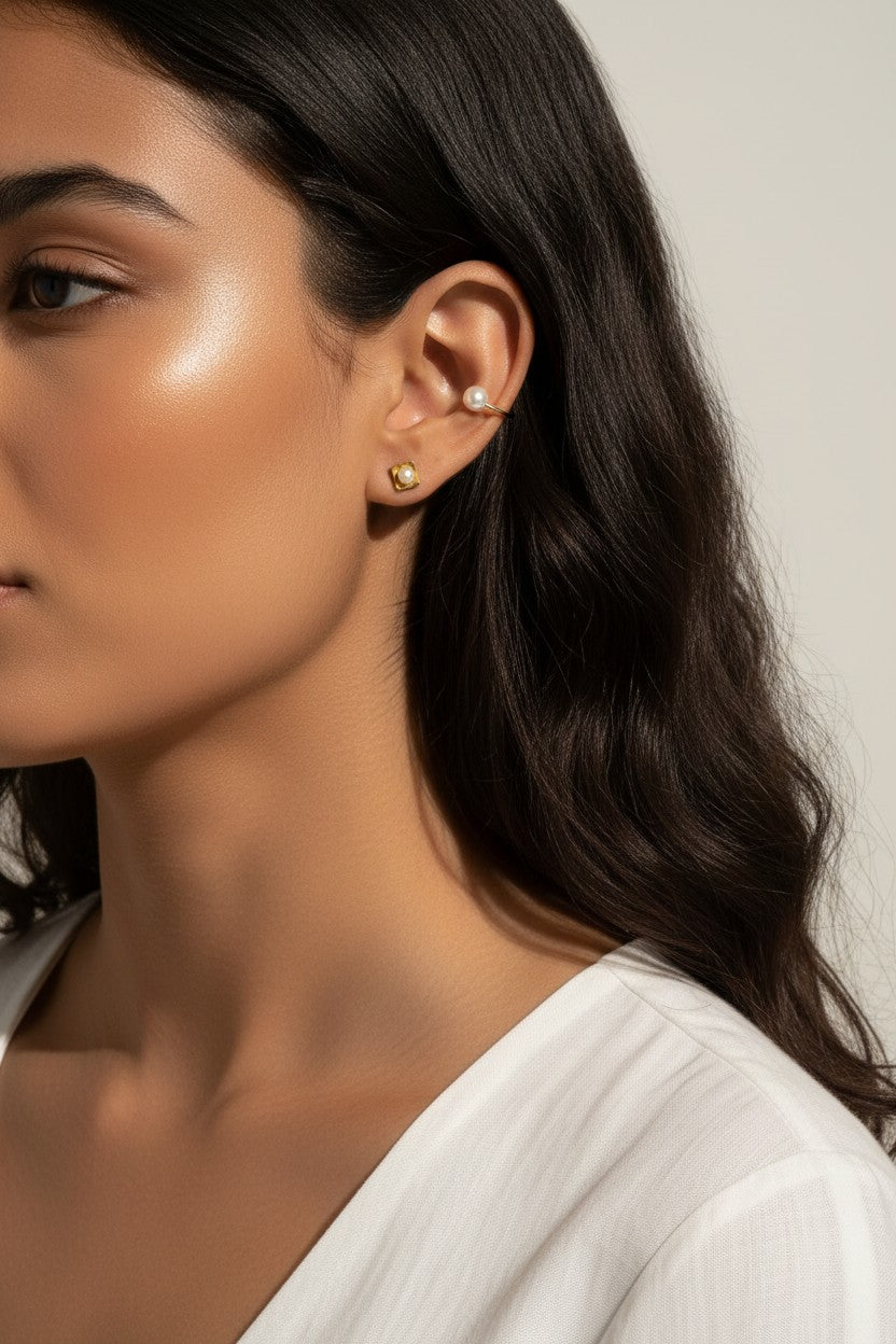 pearl ear cuff, gold ear cuff, no piercing ear cuff, pearl stud earrings, square pearl earrings, ear party earrings, layered ear look, gold pearl jewelry, curated ear stack, on-model earring styling