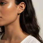 pearl ear cuff, gold ear cuff, no piercing ear cuff, pearl stud earrings, square pearl earrings, ear party earrings, layered ear look, gold pearl jewelry, curated ear stack, on-model earring styling
