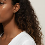 gold bar stud earrings on model, baguette stud earrings worn, emerald bar earrings styled, black baguette stud earrings, clear crystal bar earrings on ear, geometric stud earrings lifestyle, minimalist gold studs worn