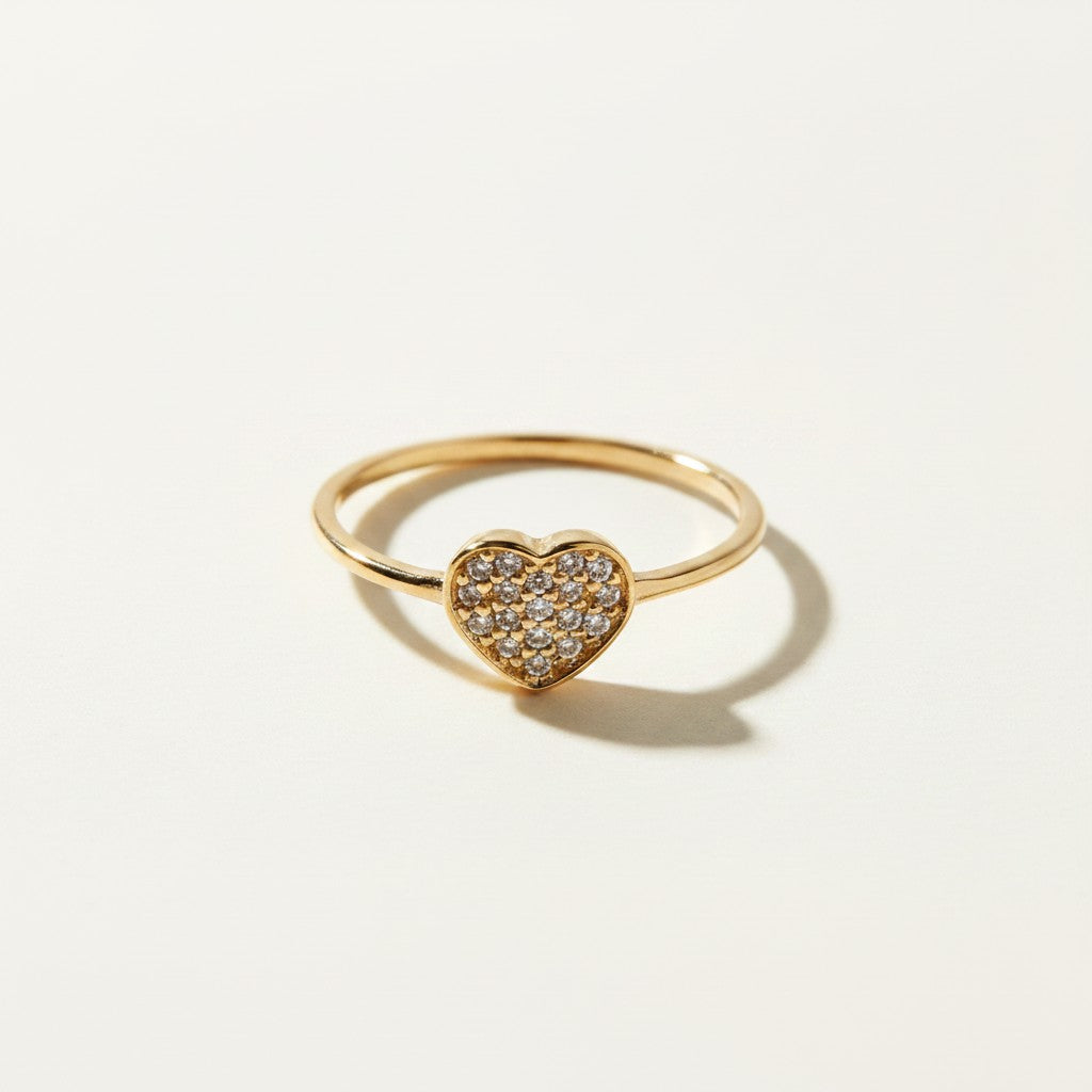 pavé heart ring, gold heart ring, dainty stackable ring, cubic zirconia heart ring, thin band heart ring, sparkle heart ring, delicate gold ring, romantic stacking ring