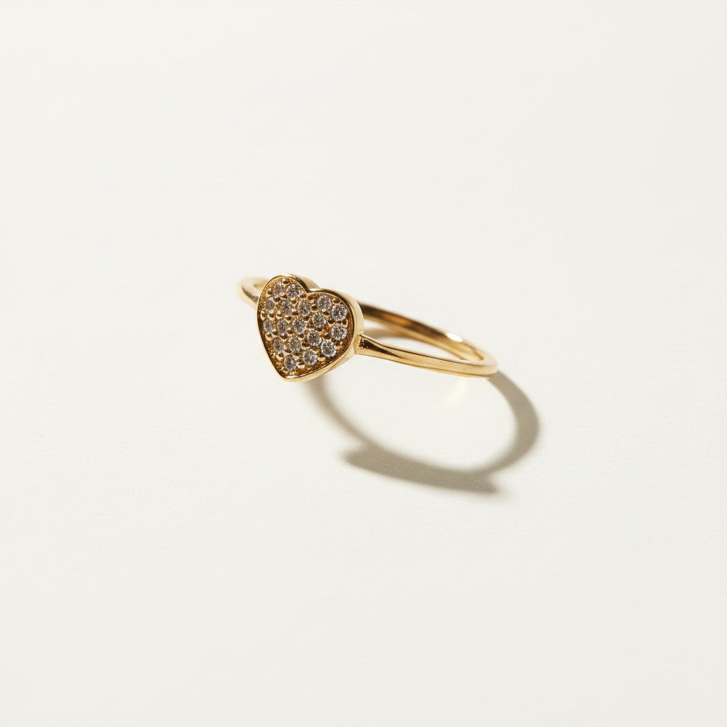 pavé heart ring, gold heart ring, dainty stackable ring, cubic zirconia heart ring, thin band heart ring, sparkle heart ring, delicate gold ring, romantic stacking ring
