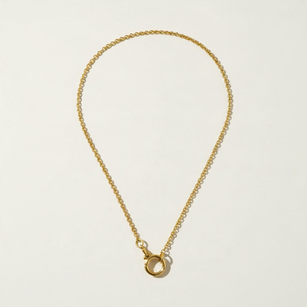 gold rolo chain necklace, round clasp necklace, charm holder necklace, spring ring clasp necklace, build your own charm necklace, interchangeable pendant necklace, gold chain with ring clasp, layering chain necklace, front clasp necklace, modern gold chain, everyday gold necklace, women’s gold chain necklace