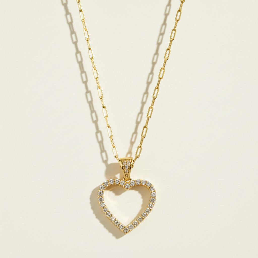 pavé heart necklace, open heart pendant, crystal heart necklace, paperclip chain heart pendant, gold heart necklace, dainty heart jewelry, crystal outline pendant