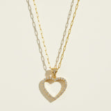 pavé heart necklace, open heart pendant, crystal heart necklace, paperclip chain heart pendant, gold heart necklace, dainty heart jewelry, crystal outline pendant