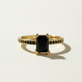 black stone cocktail ring, emerald cut ring gold, black onyx ring, vintage style statement ring, art deco cocktail ring, pavé black stone ring, gold statement ring on-model, dark gemstone ring