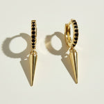 gold huggie hoop black spike, black pave hoop earrings, edgy drop huggie earrings, spike charm hoop earrings, gold and black earrings, minimalist edgy hoops, huggie earrings with drop