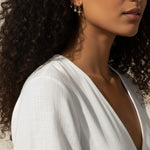 celestial charm hoop earrings worn, star and north star earring styled, layered ear stack gold, charm hoop earrings lifestyle photo, mix and match earring charms fit, gold star earring close-up