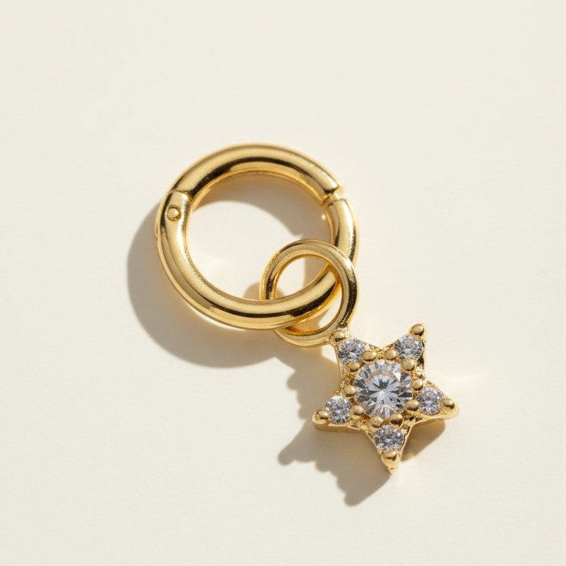 gold star charm hoop earring, pave crystal star charm, celestial charm hoop earring, interchangeable star charm, seamless hoop with charm, sparkly star earring gold, cute charm hoop earrings
