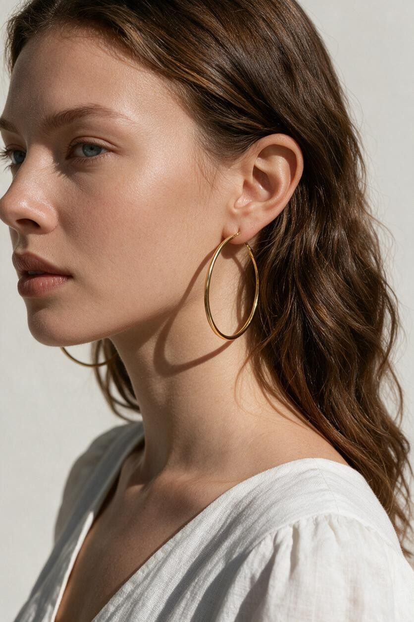 large thin gold hoop earrings on model, big gold hoops, thin wire hoop earrings, endless hoop earrings, classic gold hoops, lightweight large hoops, minimalist hoop earrings, everyday gold hoops, statement hoops, sleeper hoops, summer hoop earrings, gift for her
