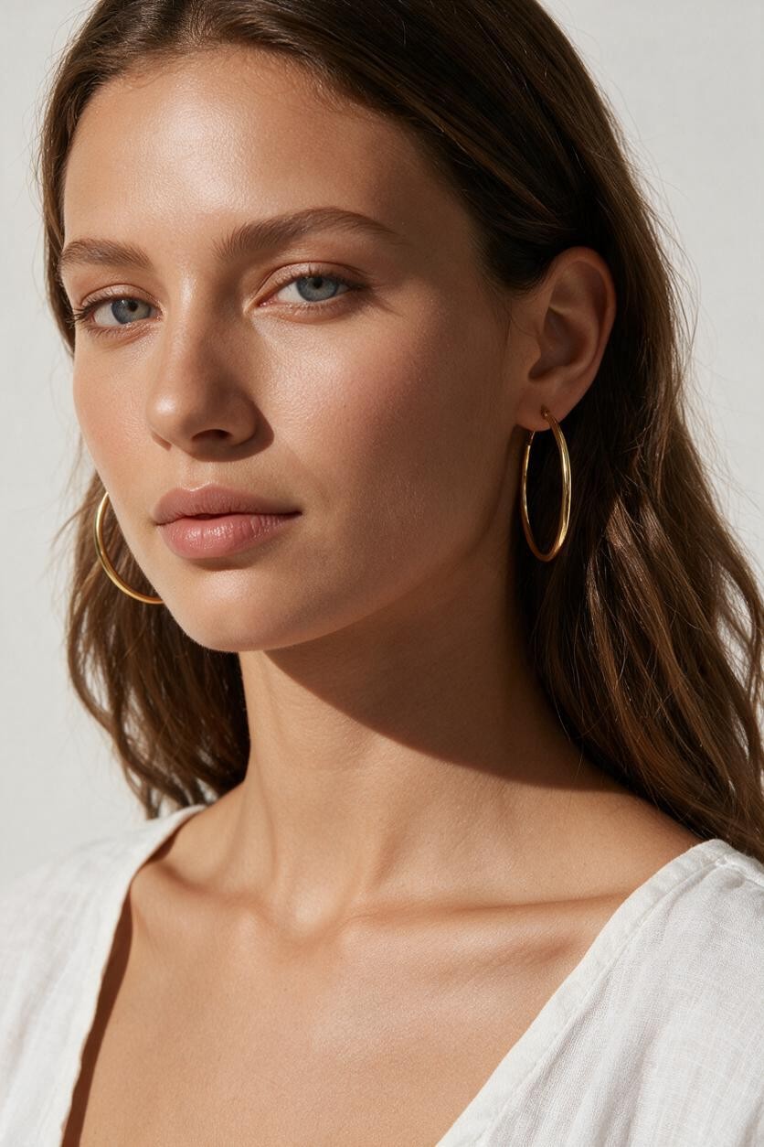 large thin gold hoop earrings on model, big gold hoops, thin wire hoop earrings, endless hoop earrings, classic gold hoops, lightweight large hoops, minimalist hoop earrings, everyday gold hoops, statement hoops, sleeper hoops, summer hoop earrings, gift for her