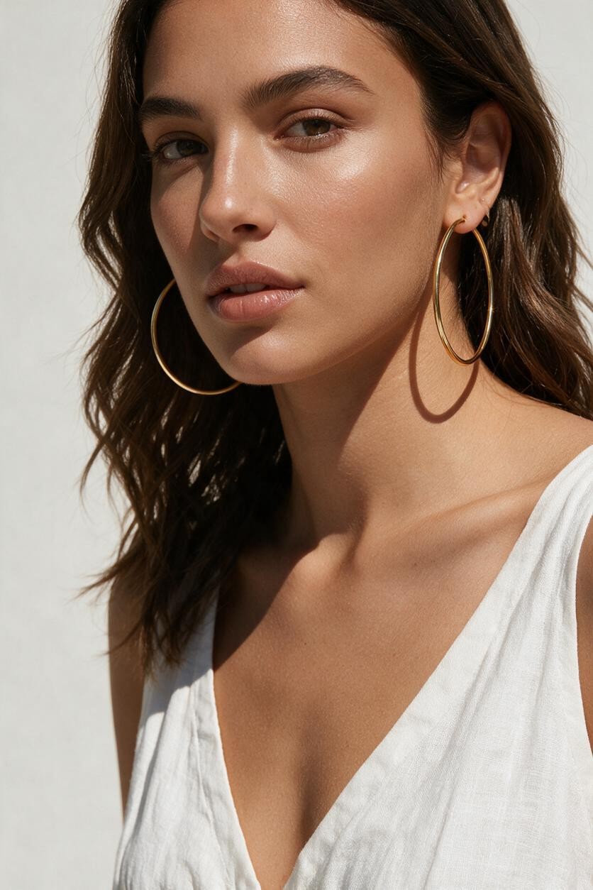large thin gold hoop earrings on model, big gold hoops, thin wire hoop earrings, endless hoop earrings, classic gold hoops, lightweight large hoops, minimalist hoop earrings, everyday gold hoops, statement hoops, sleeper hoops, summer hoop earrings, gift for her