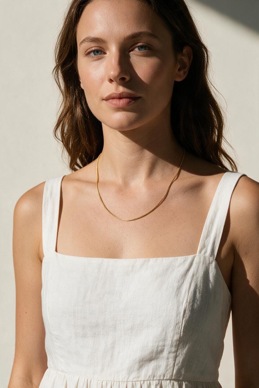 fine gold box chain necklace on model, thin gold chain necklace, dainty gold necklace, delicate box chain, layering chain necklace, collarbone necklace, minimalist gold necklace, everyday gold chain, simple gold chain necklace, lightweight gold necklace, summer linen style jewelry, gift for her