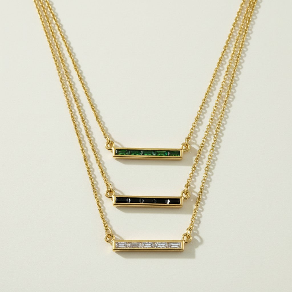 baguette bar necklace, emerald baguette pendant, black baguette bar necklace, clear baguette pendant necklace, gold bar necklace baguette stones, layering bar necklace, baguette pendant set, minimalist stone bar necklace