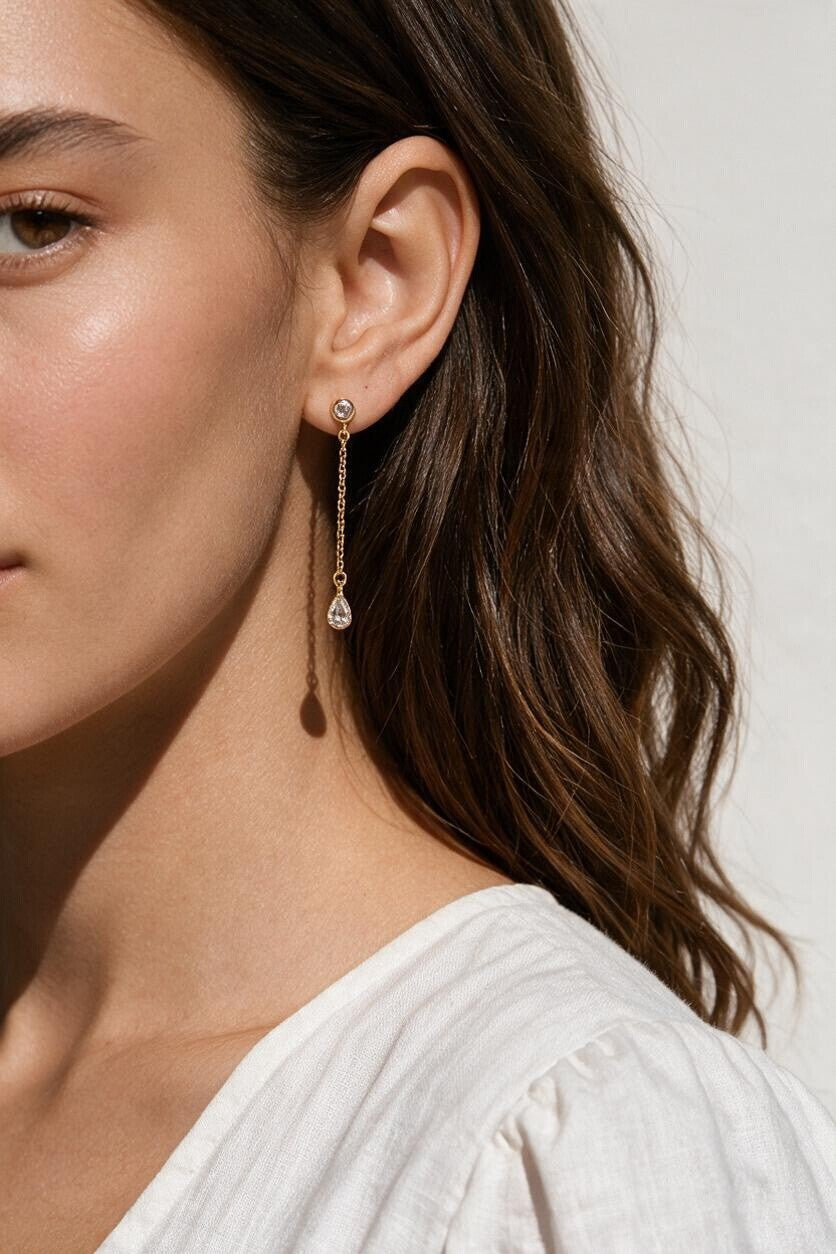 gold chain drop earrings, pear drop earrings, crystal drop stud earrings, dainty dangle earrings, bridal drop earrings, teardrop crystal earrings, gold chain dangle earrings, cubic zirconia drop earrings, delicate gold earrings, wedding earrings, elegant everyday earrings, women’s drop earrings