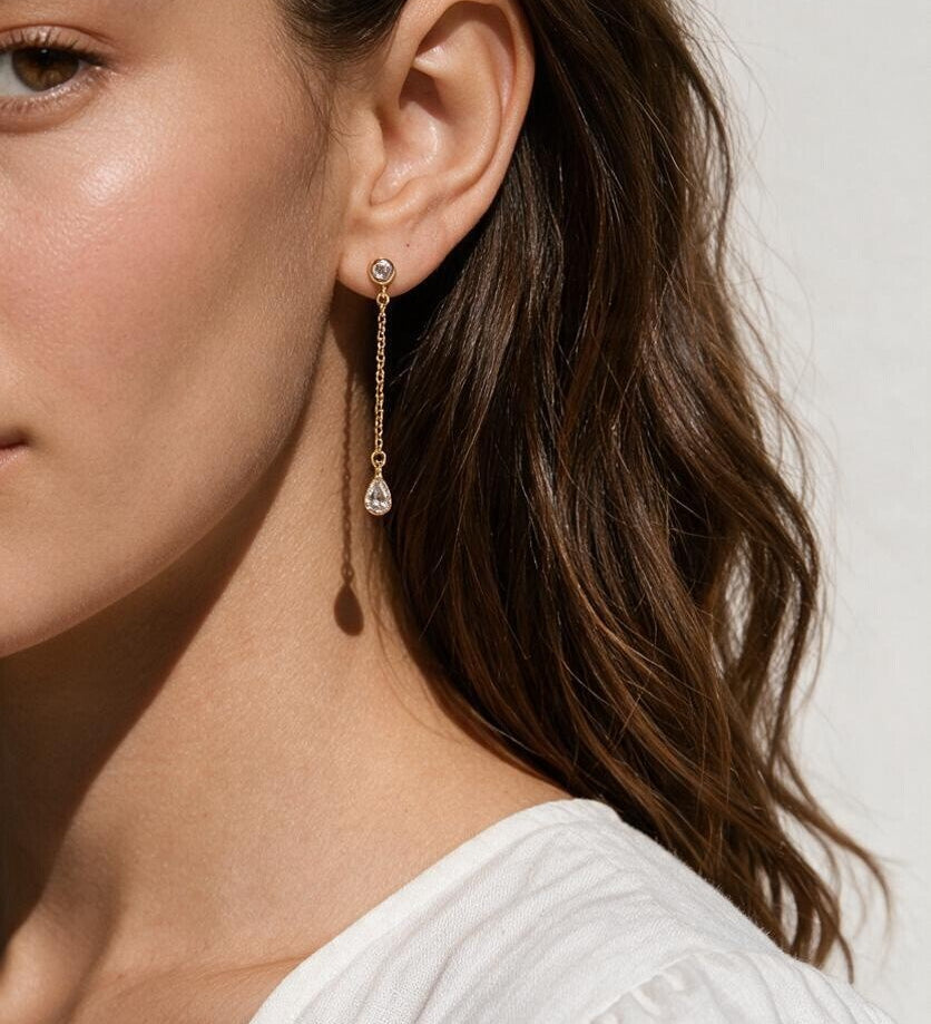 gold chain drop earrings, pear drop earrings, crystal drop stud earrings, dainty dangle earrings, bridal drop earrings, teardrop crystal earrings, gold chain dangle earrings, cubic zirconia drop earrings, delicate gold earrings, wedding earrings, elegant everyday earrings, women’s drop earrings