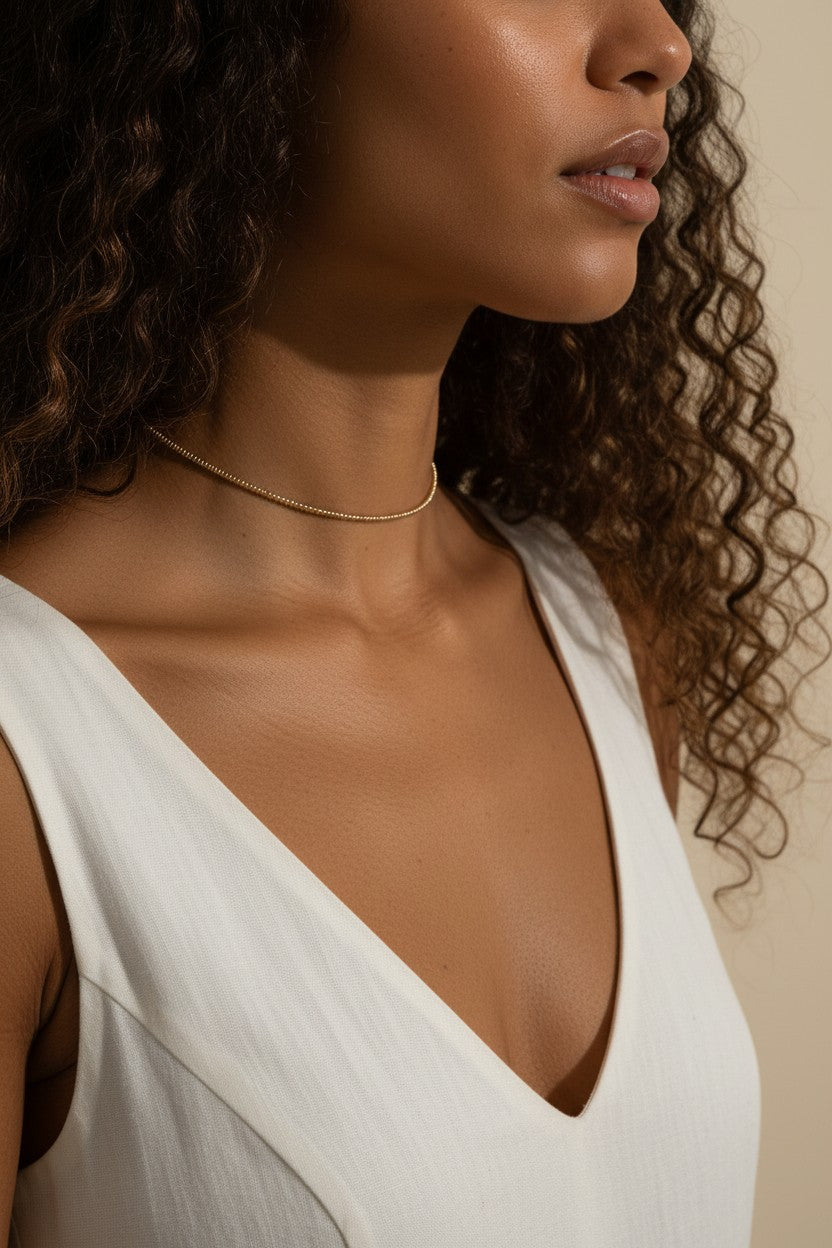gold beaded choker, dainty gold choker necklace, beaded chain choker on model, minimalist gold choker, layering choker necklace, thin gold choker, delicate beaded necklace, gold choker close-up