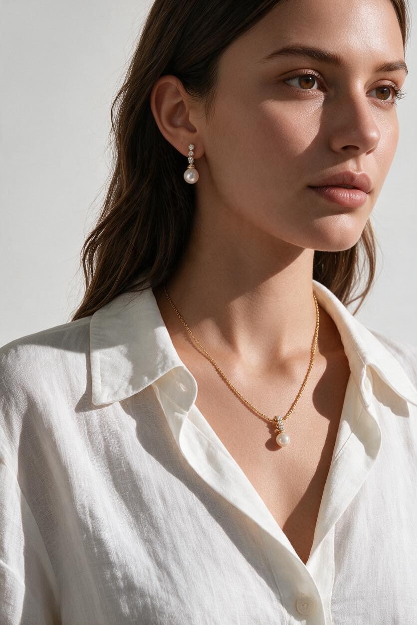 pearl necklace and earring set, pearl drop pendant necklace, pearl drop earrings, bridal pearl jewelry set, gold pearl pendant on model, classic pearl jewelry, pearl and crystal earrings, matching necklace and earring set, wedding jewelry set, elegant pearl jewelry, gift jewelry set for her, women’s pearl jewelry set