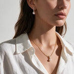 pearl necklace and earring set, pearl drop pendant necklace, pearl drop earrings, bridal pearl jewelry set, gold pearl pendant on model, classic pearl jewelry, pearl and crystal earrings, matching necklace and earring set, wedding jewelry set, elegant pearl jewelry, gift jewelry set for her, women’s pearl jewelry set
