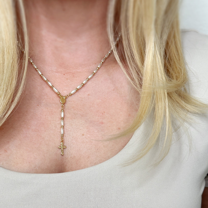 Divine Baguette Pearl Rosary Necklace