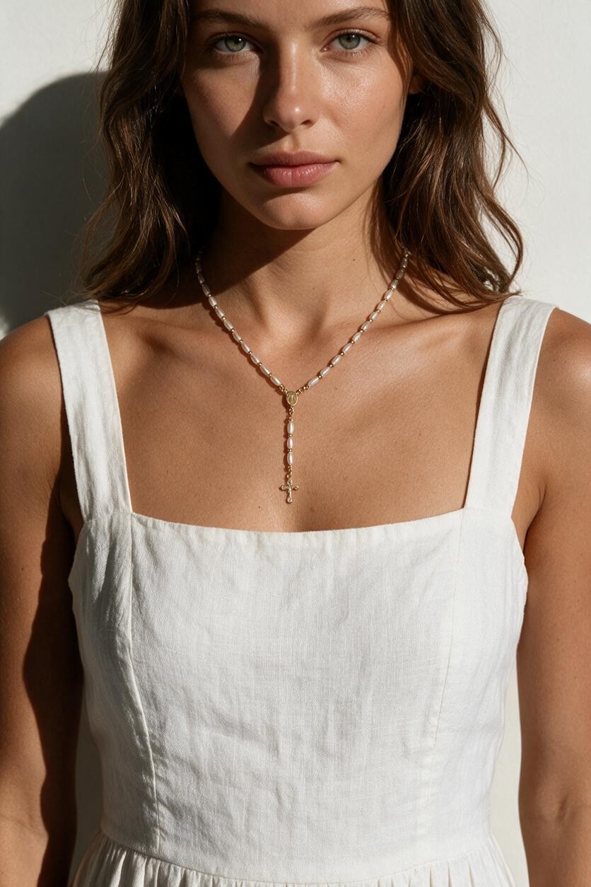 pearl rosary necklace on model, freshwater pearl rosary necklace, gold bead rosary necklace, rosary style necklace, pearl cross necklace, Catholic jewelry, religious necklace, first communion gift, confirmation gift, baptism gift, vintage-style pearl necklace, collarbone necklace, gift for her