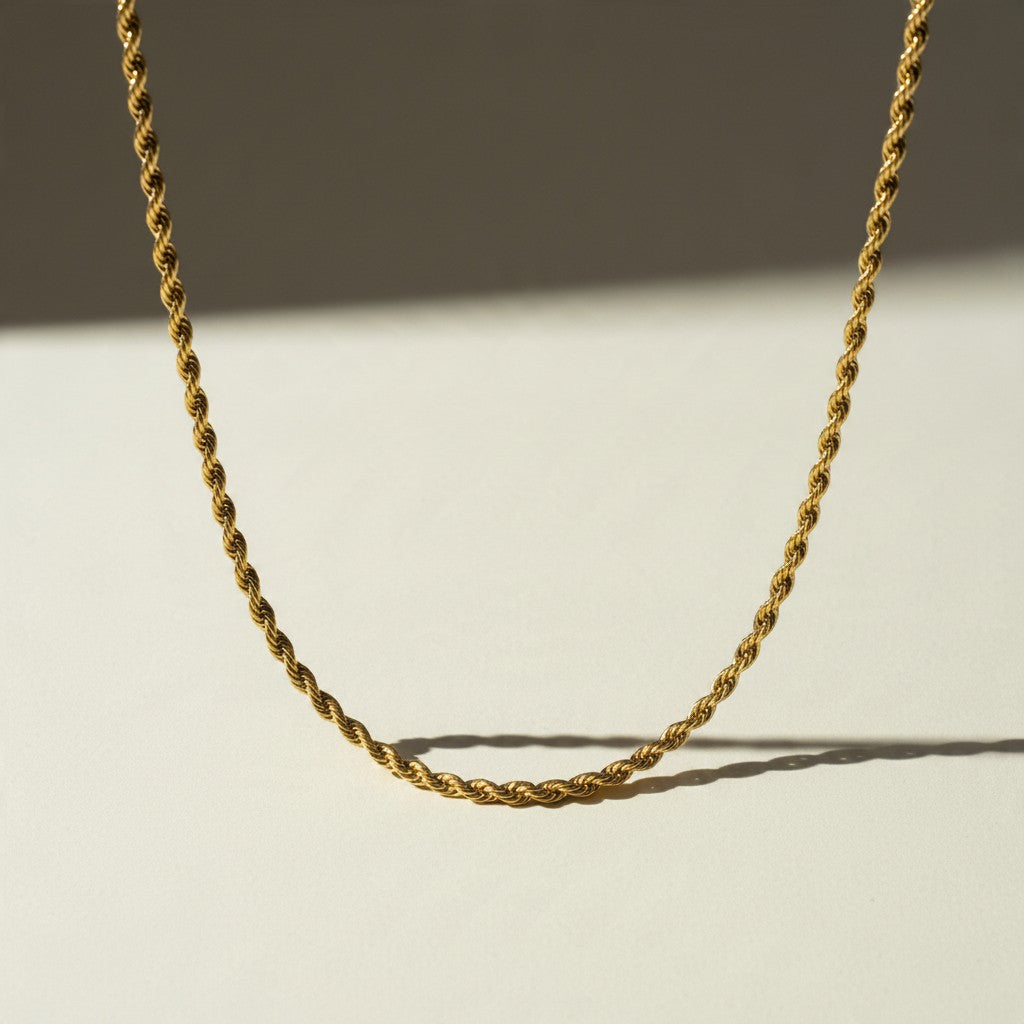 gold rope chain necklace, twisted rope chain, classic gold chain, unisex gold necklace, lobster clasp chain necklace, everyday gold chain, layering chain necklace, gold chain for pendants, medium rope chain, timeless gold jewelry, men’s gold chain, women’s gold chain