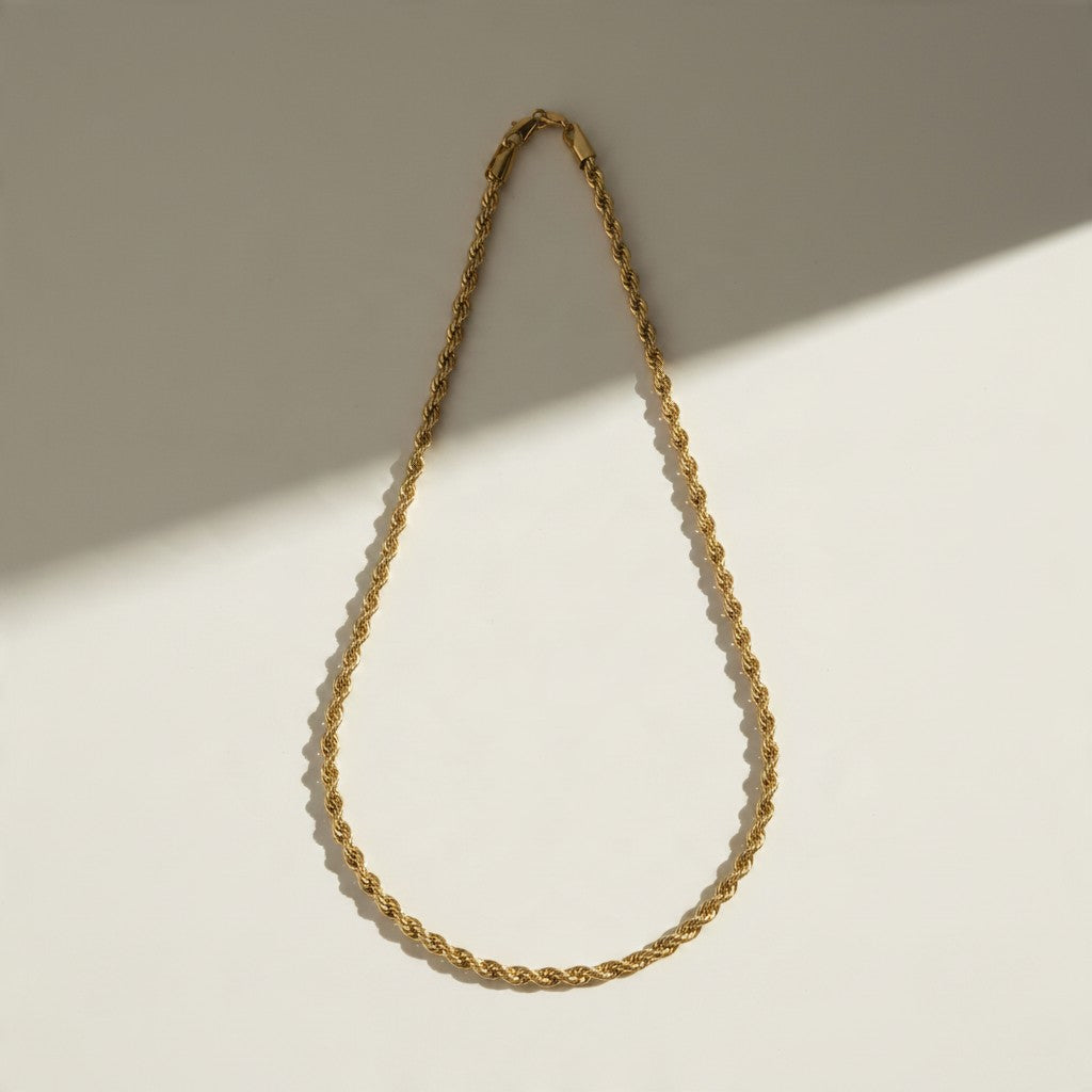 gold rope chain necklace, twisted rope chain, classic gold chain, unisex gold necklace, lobster clasp chain necklace, everyday gold chain, layering chain necklace, gold chain for pendants, medium rope chain, timeless gold jewelry, men’s gold chain, women’s gold chain