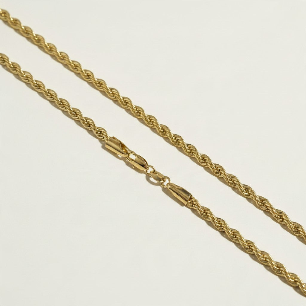 gold rope chain necklace, twisted rope chain, classic gold chain, unisex gold necklace, lobster clasp chain necklace, everyday gold chain, layering chain necklace, gold chain for pendants, medium rope chain, timeless gold jewelry, men’s gold chain, women’s gold chain