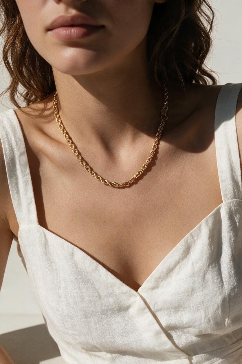 gold rope chain on model, twisted rope chain necklace, classic gold chain necklace, collarbone length chain, everyday gold necklace, layering chain necklace, unisex gold chain, medium rope chain, gold chain with lobster clasp, timeless gold jewelry, women’s gold rope chain, minimalist gold necklace