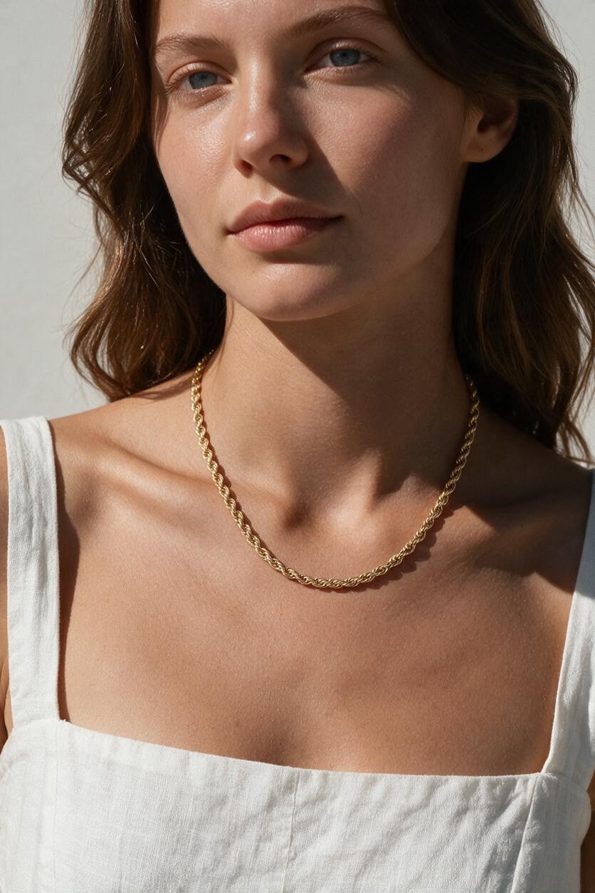 gold rope chain on model, twisted rope chain necklace, classic gold chain necklace, collarbone length chain, everyday gold necklace, layering chain necklace, unisex gold chain, medium rope chain, gold chain with lobster clasp, timeless gold jewelry, women’s gold rope chain, minimalist gold necklace