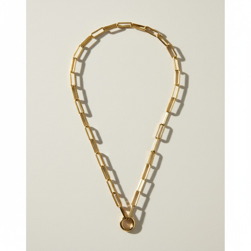 gold paperclip chain necklace, oval link necklace with ring clasp, modern statement chain necklace, architectural gold necklace, front clasp necklace gold, chunky paperclip chain