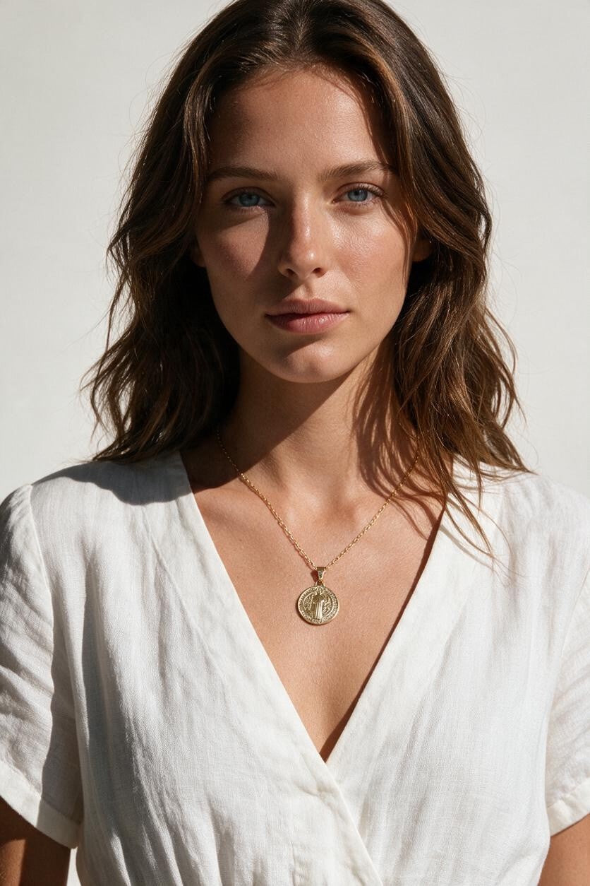Saint Benedict medal necklace, gold medal pendant necklace, religious medal necklace on model, Catholic medal pendant, round medal necklace, protection necklace, gold saint medal necklace, layering medal necklace, medal necklace for her, baptism gift, confirmation gift, first communion gift