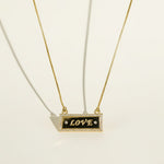 gold LOVE necklace, LOVE bar necklace, engraved bar pendant necklace, gold nameplate necklace, cubic zirconia pavé pendant, box chain necklace, heart extender chain necklace, adjustable gold necklace, word necklace, anniversary gift necklace, Valentine's Day jewelry, gift for her, romantic gold jewelry, dainty gold pendant