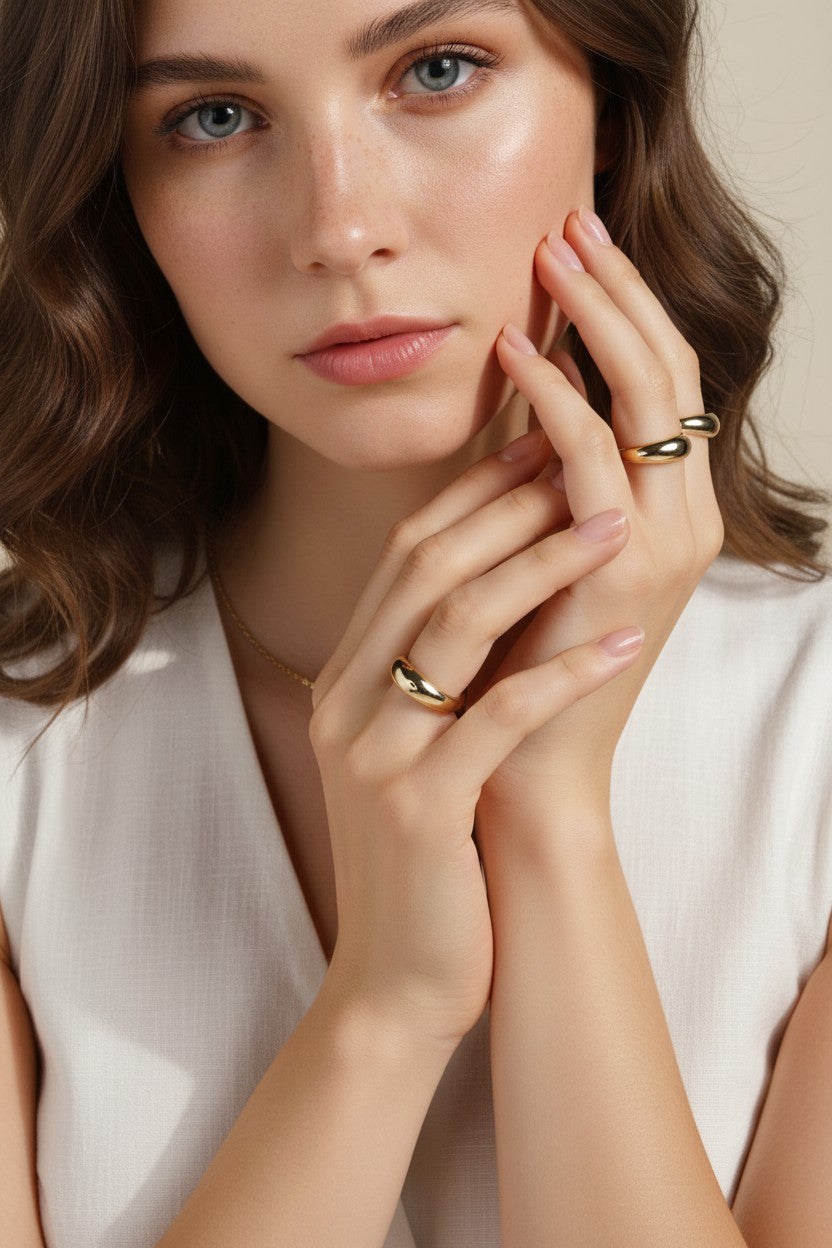 chunky dome ring, gold dome ring set, stackable gold rings, bold gold ring, 18k gold overlay ring, statement ring stack, teardrop dome ring, thick gold band ring