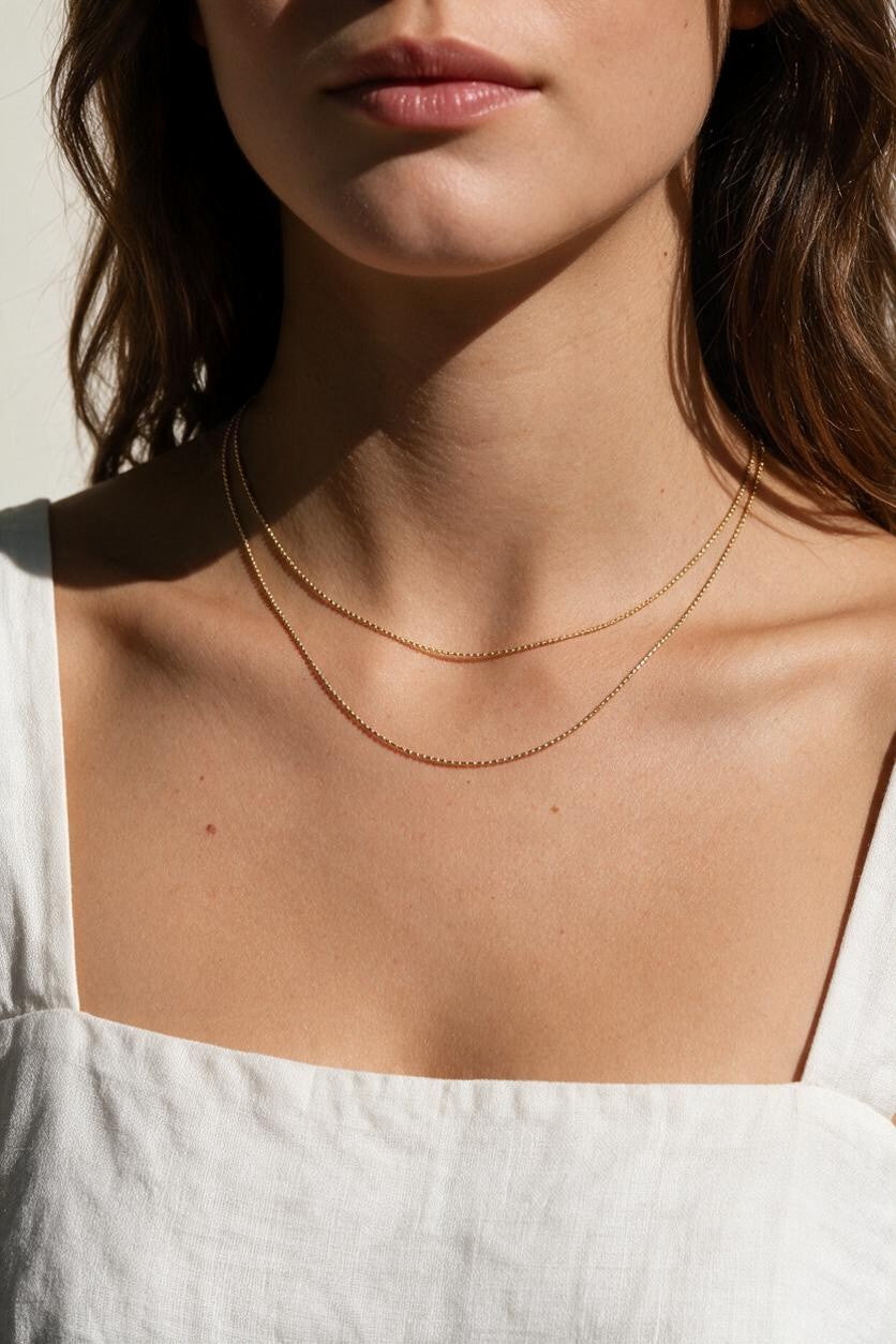 layered gold ball chain necklace, dainty bead chain necklace on model, faceted gold chain, thin gold layering necklaces, two layer gold necklace, minimalist gold necklace, delicate gold chain, collarbone necklace, everyday gold necklace, sparkly gold bead chain, women’s layering necklace, summer gold necklace