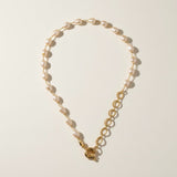 baroque pearl necklace flat lay, asymmetric pearl chain necklace, freshwater pearl necklace with statement clasp, gold link and pearl necklace, textured chain necklace detail, oversized clasp necklace, pearl necklace construction detail, mixed chain pearl necklace