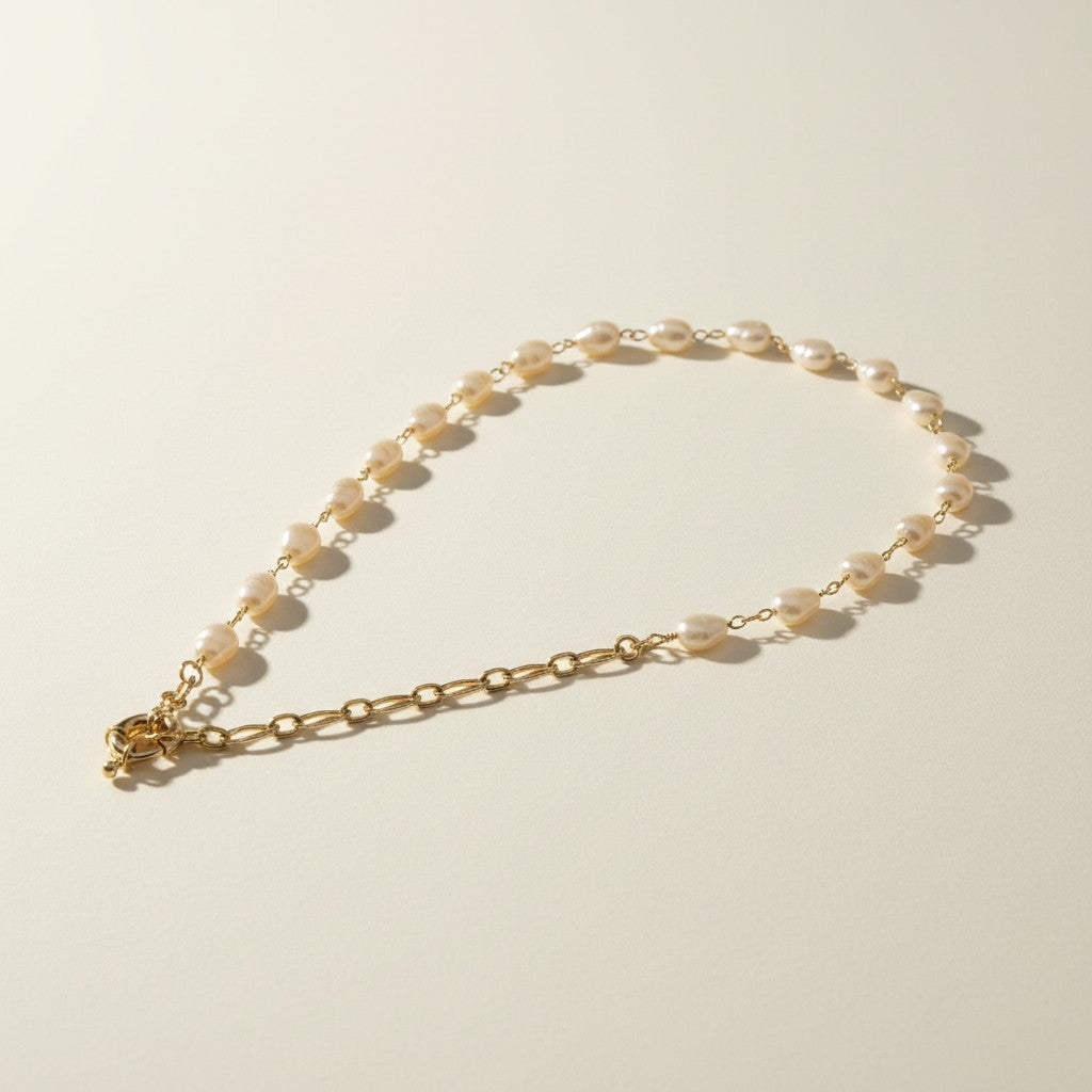 baroque pearl necklace flat lay, asymmetric pearl chain necklace, freshwater pearl necklace with statement clasp, gold link and pearl necklace, textured chain necklace detail, oversized clasp necklace, pearl necklace construction detail, mixed chain pearl necklace
