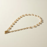 baroque pearl necklace flat lay, asymmetric pearl chain necklace, freshwater pearl necklace with statement clasp, gold link and pearl necklace, textured chain necklace detail, oversized clasp necklace, pearl necklace construction detail, mixed chain pearl necklace