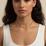 cowrie shell choker on model, gold chain choker how it fits, layered curb chain choker, pavé crystal shell necklace worn, gold choker neck length, cowrie shell jewelry styled