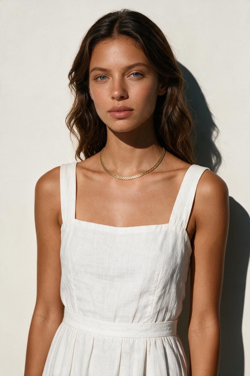 gold herringbone necklace on model, flat gold chain necklace, shiny herringbone chain, collarbone length necklace, minimalist gold necklace, everyday gold chain, layering chain necklace, flat snake chain, adjustable gold necklace, sleek gold jewelry, women’s gold chain necklace, summer gold necklace