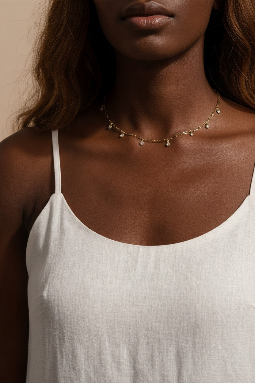 gold paperclip chain necklace, crystal station necklace on model, dangling crystal choker, bezel crystal necklace, gold-tone choker necklace, dainty gold necklace, sparkle chain necklace, collarbone necklace, layering necklace, bridal party necklace, everyday gold necklace, gift for her jewelry
