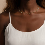 gold paperclip chain necklace, crystal station necklace on model, dangling crystal choker, bezel crystal necklace, gold-tone choker necklace, dainty gold necklace, sparkle chain necklace, collarbone necklace, layering necklace, bridal party necklace, everyday gold necklace, gift for her jewelry