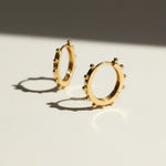 beaded hoop earrings, studded gold hoops, 18K gold overlay hoop earrings, textured hoop earrings, statement hoop earrings, small gold hoops, bead detail earrings, hoop earrings flat lay