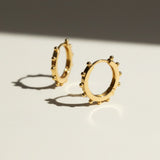beaded hoop earrings, studded gold hoops, 18K gold overlay hoop earrings, textured hoop earrings, statement hoop earrings, small gold hoops, bead detail earrings, hoop earrings flat lay