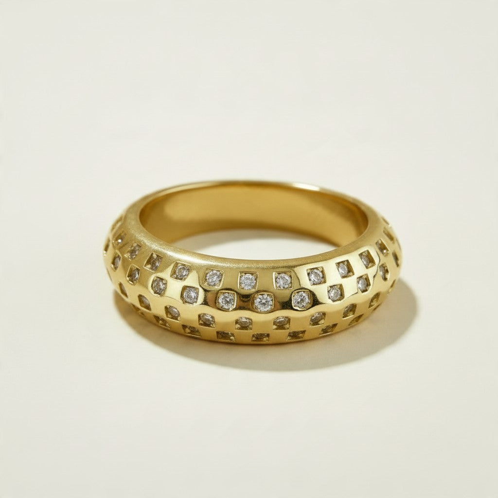 chunky gold dome ring, crystal dome ring, wide gold band ring, statement gold ring, sparkly dome ring, cubic zirconia band ring, thick gold ring, scattered crystal ring, gold stacking ring, bold gold ring, chunky ring for women, matching ring and earrings