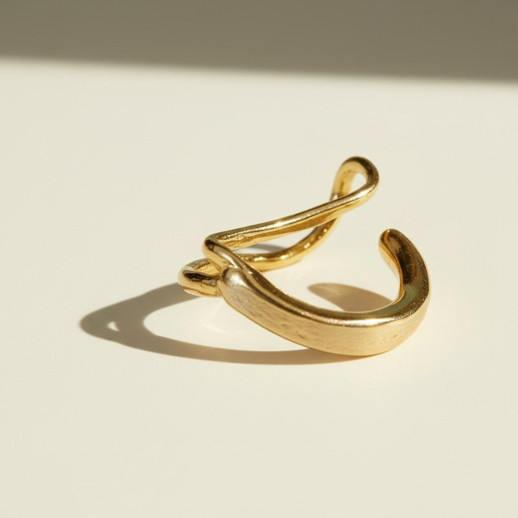 gold ear cuff, wave ear cuff, no piercing ear cuff, sculptural ear cuff, hammered gold ear cuff, organic shape earrings, double band ear cuff, minimalist ear cuff, non-pierced earrings, cartilage cuff, wire ear cuff, ear stack jewelry, artisan gold jewelry, gift for her